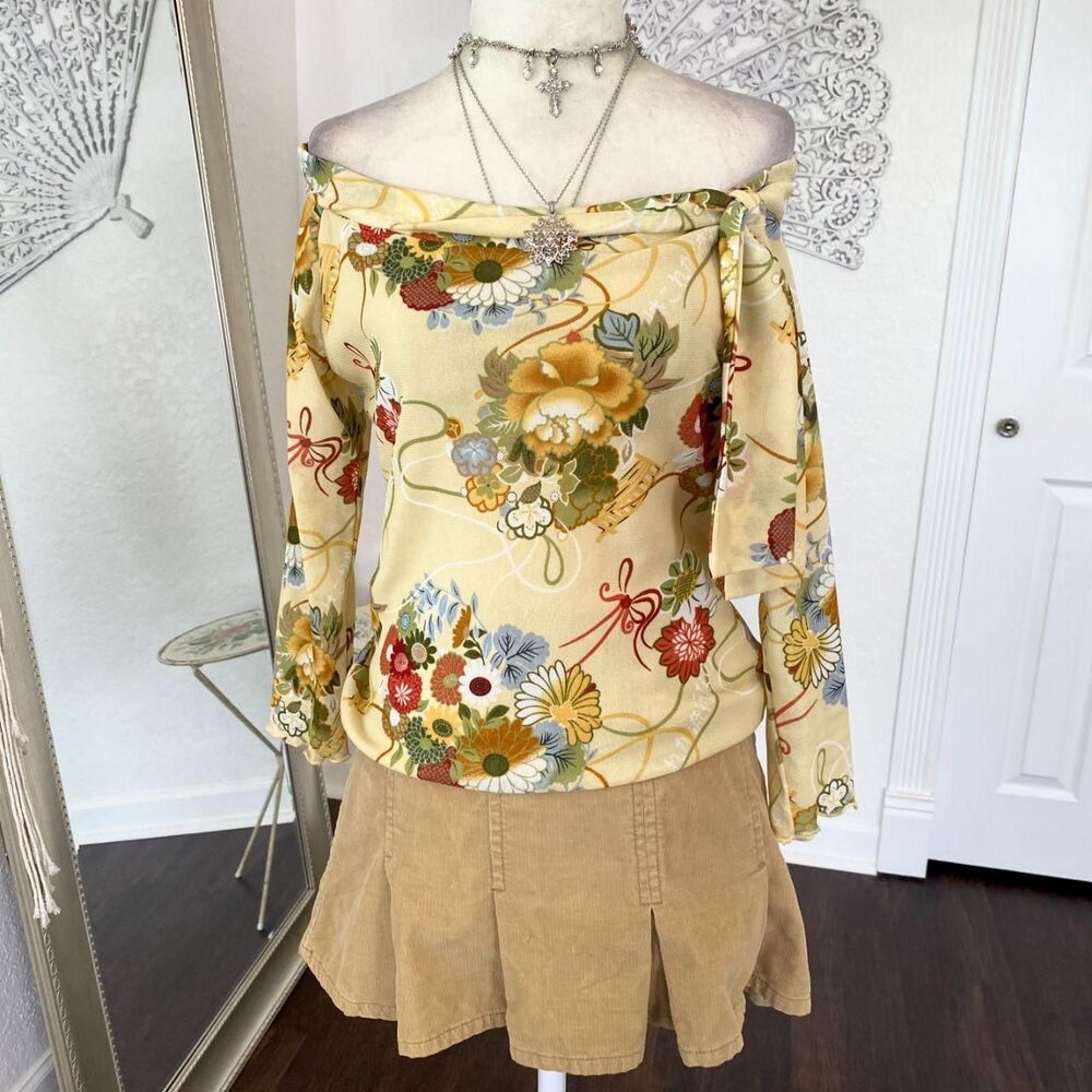 Caia Made in USA Early 2000's Light Yellow Mesh Floral Off The Shoulder Top S